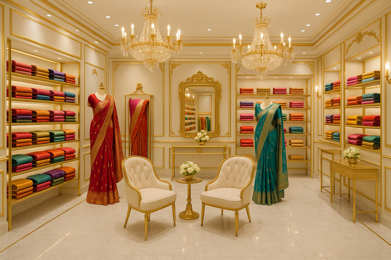 saree store with beautiful white and gold theme decor
